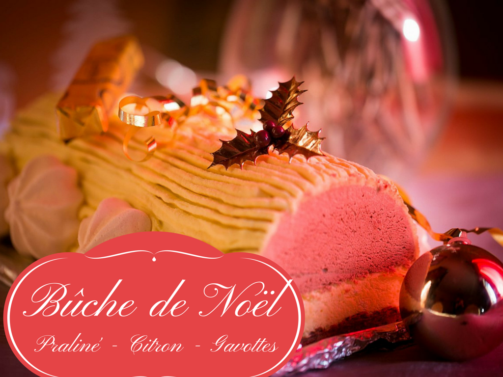 Bûche de Noël praliné-citron sur craquant de gavottes Bûche de Noël praliné-citron sur craquant de gavottes